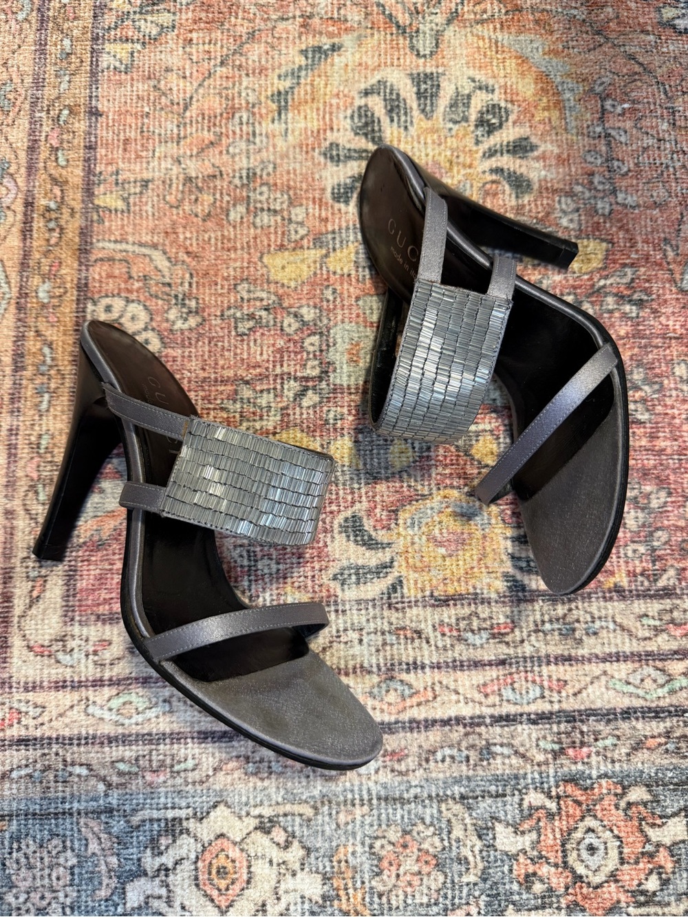 Vintage 2000’s Gucci by Tom Ford Heeled Silver Satin Mules Embellished